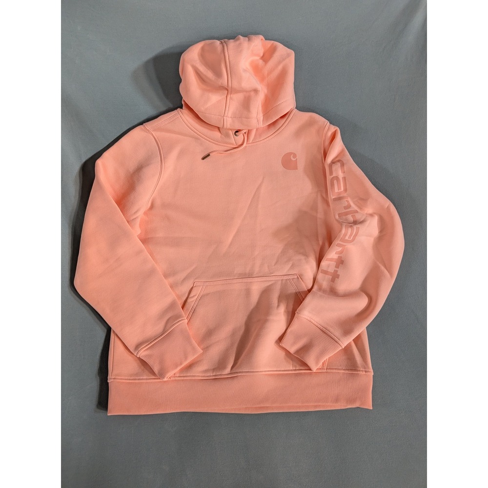 Carhartt Relaxed Fit Hoodie Peach Pink Sleeve Logo Sweatshirt Girls L 12-14
